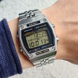 Seiko Silver Wave Digital A229-5050 Vintage JDM Watch Alarm Chrono 35mm Men's